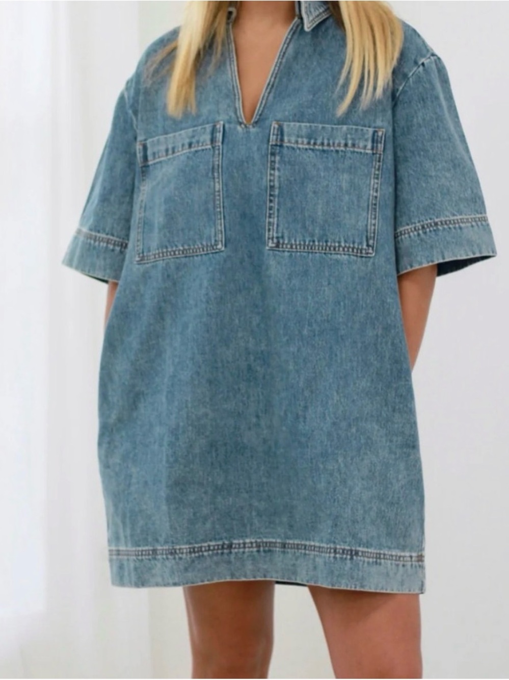 Miou Muse Denim Collared Shirt Mini Dress – Medium Blue Wash
